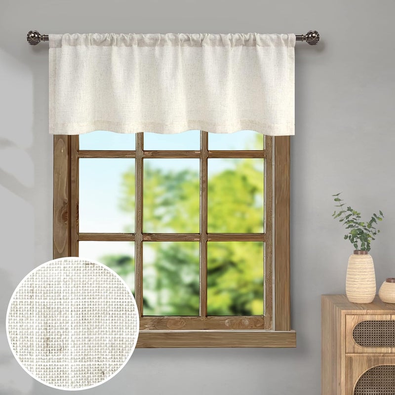 Pitalk Natural Linen Window Valance for Kitchen 3 Inch Rod Pocket Semi Sheer Light Filtering Boho Rustic Farmhouse Cream Valance Curtain Topper for Bedroom Living Room Dining Bathroom 18 Inch Length Ivory - Image 1